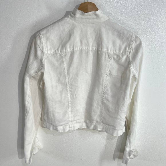 CAbi‎ White Linen Utility Jacket Medium Mandarin Collar Button Front Cropped - Picture 2 of 8